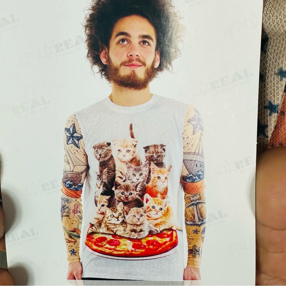 FauxReal Men’s cat tank with tattoos novelty t shirt size S